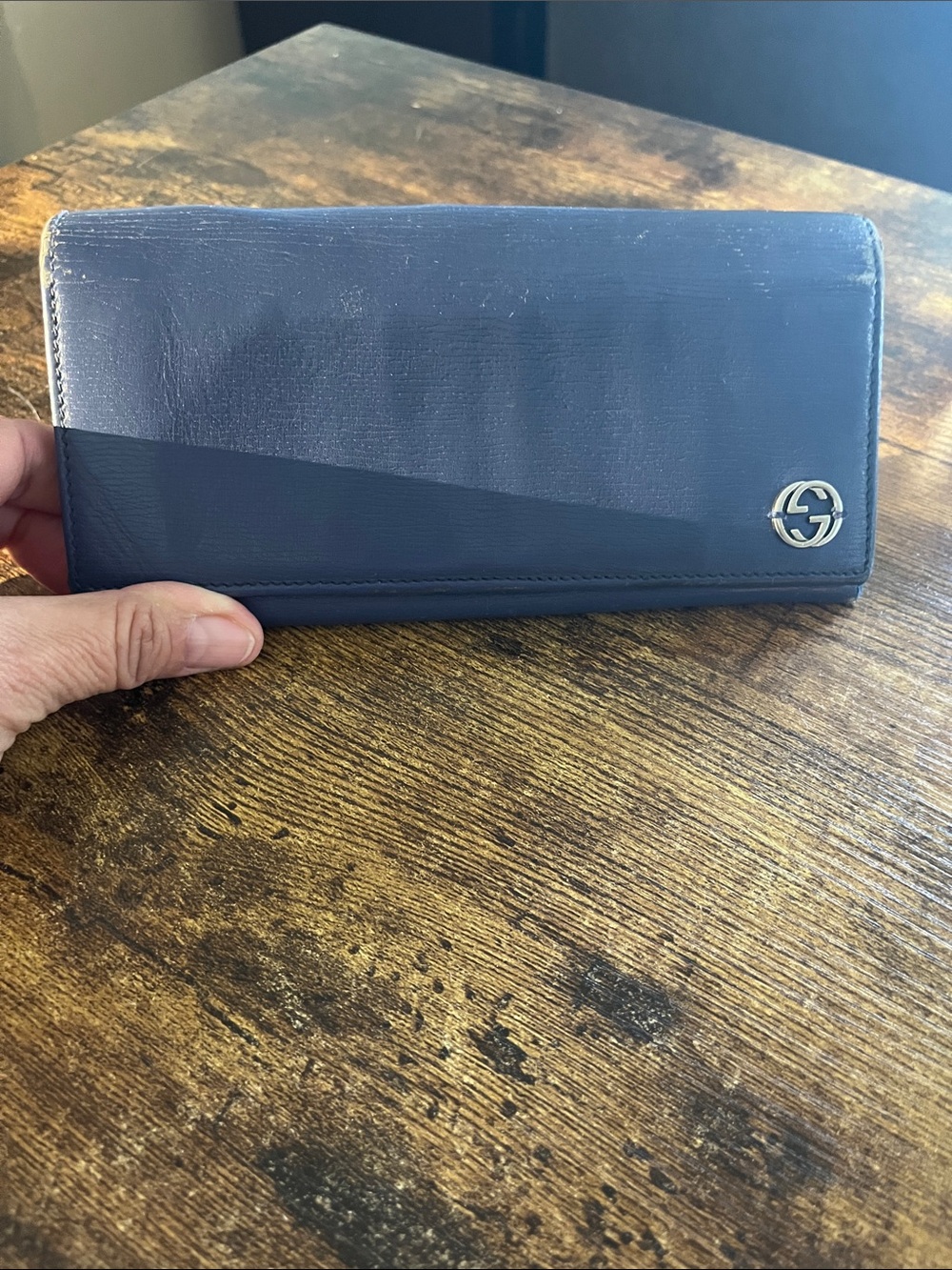 Gucci Navy Leather Continental Wallet with Silver Logo: has very little wear